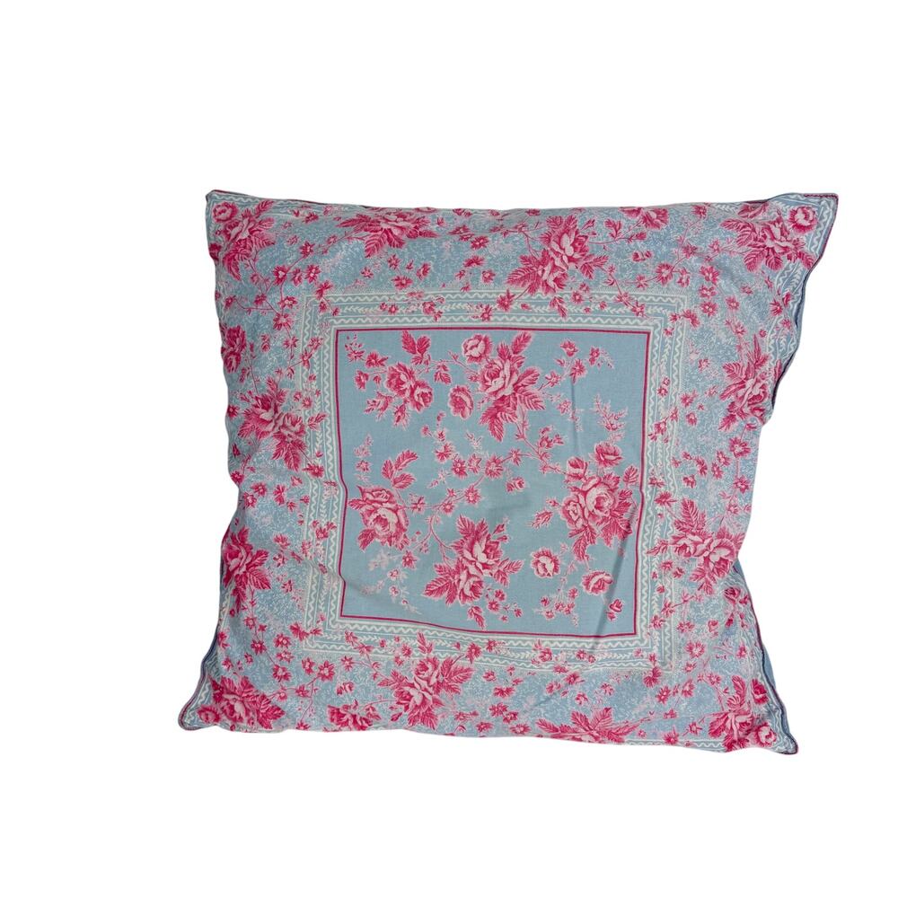April Cornell Pillow Blue Pink Floral Square Button Back 22" w/ Insert Shabby